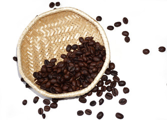Coffee beans in a small wicker basket