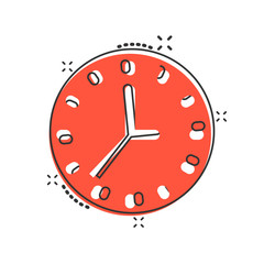Clock icon in comic style. Watch cartoon vector illustration on white isolated background. Timer splash effect business concept.