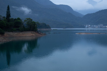 Beautiful Sun moon lake with mountain view and reflection of mountain on the water. Taiwan