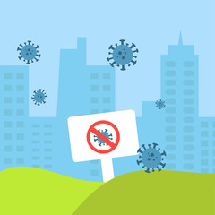 White sign with prohibited sign of coronavirus on the green grass at the town with full many of coronavirus. Concept of lockdown because of coronavirus.
