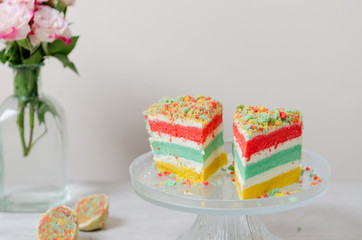 Rainbow Birthday cake with layer colorful on a cake stand