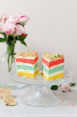 Rainbow Birthday cake with layer colorful on a cake stand