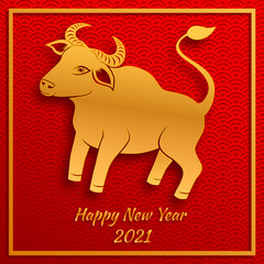 Fototapeta premium Chinese new year 2021 year of the ox , red and gold paper cut ox character in craft style on traditional background.