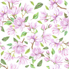 Seamless pattern with pink magnolia flowers and green leaves