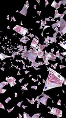 Flying euro banknotes isolated on a dark background. Money is flying in the air. 500 EURO in color. 3D illustration