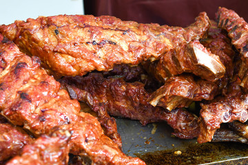 Grilled and barbecued ribs pork. Tasty traditional american meat. beef and pork ribs cooked