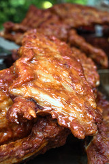 Grilled and barbecued ribs pork. Tasty traditional american meat. beef and pork ribs cooked