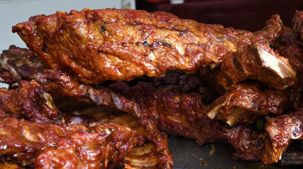 Grilled and barbecued ribs pork. Tasty traditional american meat. beef and pork ribs cooked