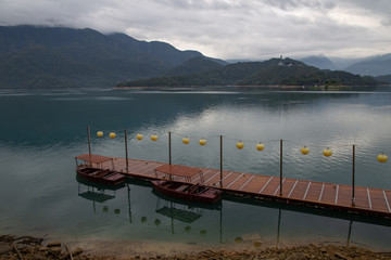 Beautiful Sun moon lake with mountain view and reflection of mountain on the water. Taiwan