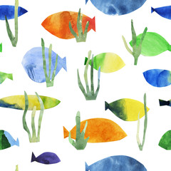 Seamless pattern. Fishes and seaweed cut out from paper colored by watercolor. Isolated on white background. Colored sea ocean backdrop. For printing on paper or fabric. Childish style for kids.
