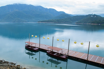 Beautiful Sun moon lake with mountain view and reflection of mountain on the water. Taiwan