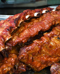 Grilled and barbecued ribs pork. Tasty traditional american meat. beef and pork ribs cooked