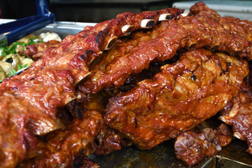 Grilled and barbecued ribs pork. Tasty traditional american meat. beef and pork ribs cooked