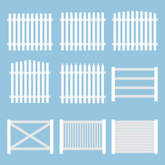 Fence. White vintage fence isolated on a blue background. Vector, cartoon illustration.