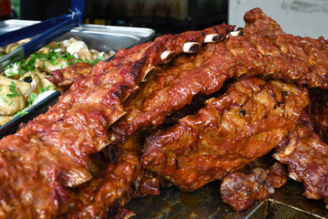 Grilled and barbecued ribs pork. Tasty traditional american meat. beef and pork ribs cooked