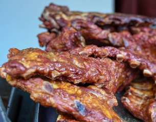 Grilled and barbecued ribs pork. Tasty traditional american meat. beef and pork ribs cooked