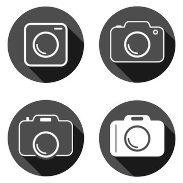 Camera icon, set of black camera icons isolated on white background. Vector, cartoon illustration.