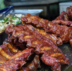 Grilled and barbecued ribs pork. Tasty traditional american meat. beef and pork ribs cooked
