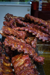 Grilled and barbecued ribs pork. Tasty traditional american meat. beef and pork ribs cooked