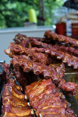Grilled and barbecued ribs pork. Tasty traditional american meat. beef and pork ribs cooked