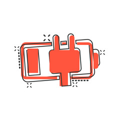 Battery charge icon in comic style. Power level cartoon vector illustration on white isolated background. Lithium accumulator splash effect business concept.