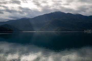 Beautiful Sun moon lake with mountain view and reflection of mountain on the water. Taiwan