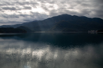 Beautiful Sun moon lake with mountain view and reflection of mountain on the water. Taiwan