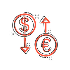 Currency exchange icon in comic style. Dollar euro transfer cartoon vector illustration on white isolated background. Financial process splash effect business concept.
