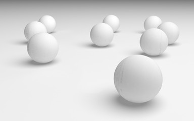 White abstract background. Set of white balls isolated on white backdrop. 3D illustration