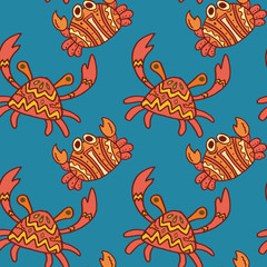 Tribal crab on blue backdrop. Ocean creature seamless pattern for wallpaper, wrap paper, sleeper, bath tile, apparel or bed linen. Phone case or cloth print. Doodle style stock vector illustration