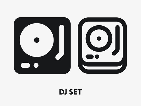 DJ Set Vinyl Record Player Mixer. Flat Line Vector Icon.