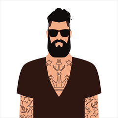 Hipster. A bearded man with tattoos and sunglasses. Fashionable haircut. Modern and fashionable image. Vector illustration isolated on a white background for design and web.