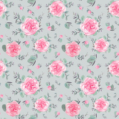 Peonies and eucalyptus seamless pattern. Hand-drawn watercolor realistic botanical ornament, isolated floral collection. Design for wallpaper, fabric, textile, packaging, print, paper, wedding design