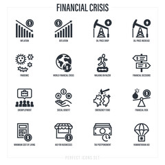 Financial crisis after pandemic.  Dollar inflation, deflation, oil price, walking on razor, emergency funds, unemployment, social benefit, humanitarian aid. Thin line icons set. Vector illustration.