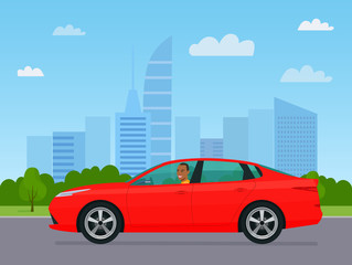 Fototapeta na wymiar Sedan car with a afro american man driving on a background of abstract cityscape. Vector flat style illustration.