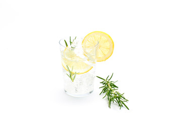 refreshing tonic drink with ice, lemon and fresh fruit.