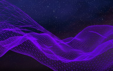 Abstract ultraviolet landscape on a dark background. Purple cyberspace grid. hi tech network. Outer space. Violet starry outer space texture. 3D illustration