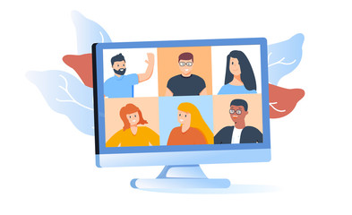 Colleagues talk to each other on the computer screen. Conference video call, working from home.