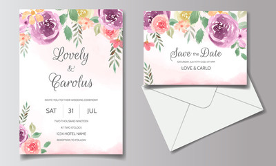 Wedding invitation card with floral and leaves watercolor