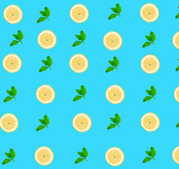 Round lemon slices pattern with mint leaves on blue background.