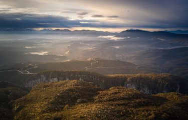 Aerial view of Vikos Gorge, a gorge in the Pindus Mountains of northern Greece, lying on the...