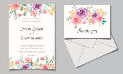 Wedding invitation card with floral and leaves watercolor