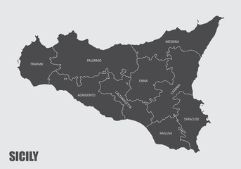 Sicily regions map with labels isolated on white background