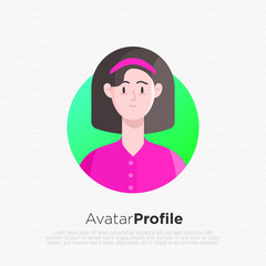Caucasian friendly and happy young woman, teenager or girl avatar with long hair. Flat style. Vector illistration.