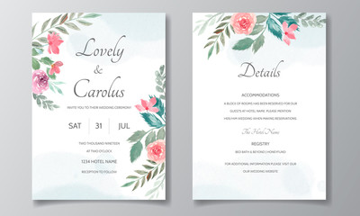 Fototapeta na wymiar Wedding invitation card with floral and leaves watercolor