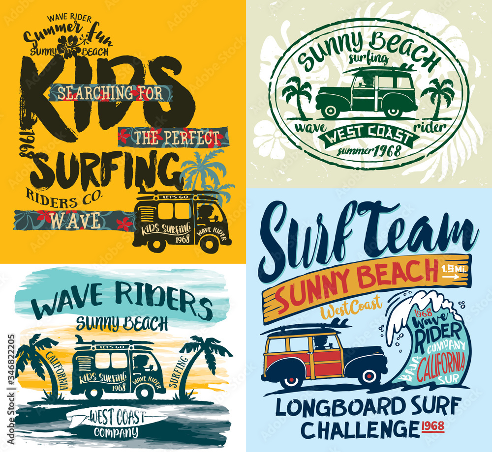 Wall mural california beach wave rider cute surfing kid wagon truck vector print collection for summer children