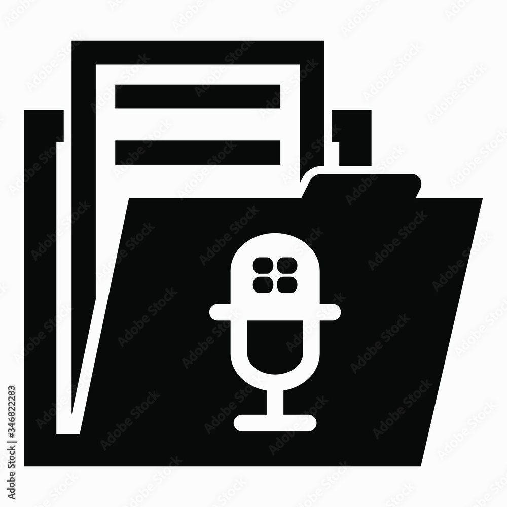 Poster folder and microphone icon. voice recording archive. playlist of audio messages. recording studio. r