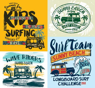 California beach  wave rider cute surfing kid wagon truck vector print collection for summer children wear t shirt
