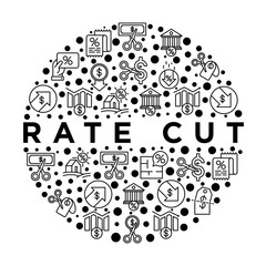 Rate cut concept in circle with thin line icons: cutting price, cost reduction, sale, discount, receipt, loyalty card, interest. Modern vector illustration.