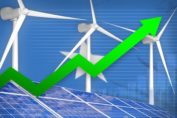 Somalia solar and wind energy rising chart, arrow up - renewable natural energy industrial illustration. 3D Illustration